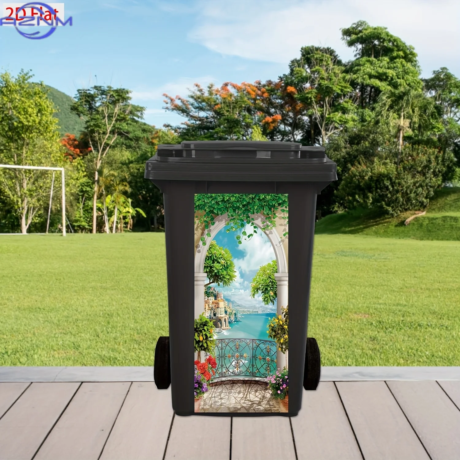 One piece of seaside city landscape theme trash can sticker, PVC self-adhesive waterproof sticker, moisture-proof, suitable fo view 2