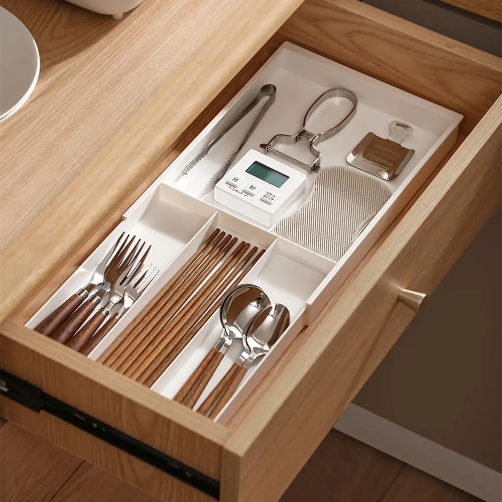 

Plastic Retractable Drawer Organizer Multi-compartment White Cutlery Storage Box Space-saving Adjustable Tableware Divider Box