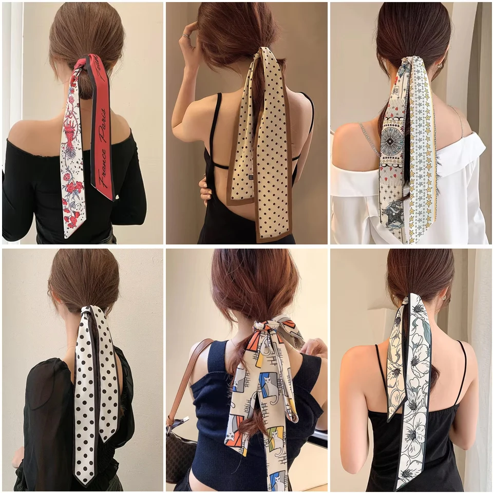 2023 New Fashion Silk Scarf Hair Band Long Ribbon Bow Korean Printing Letter Hair Scarf Women Ponytail Holder Hair Accessories