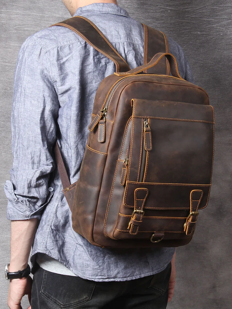 S.WORKER Vintage Echtleder Herrenrucksack Laptop-Tasche Casual Crazy-Horse Leder Schultasche Outdoor-Taschen – Detail 4