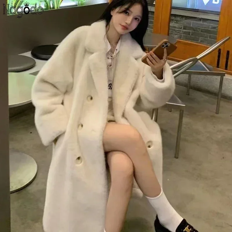 Nagodo Faux Rabbit Fur Coat Winter Women Thick Warm Fur Lined Coat Brown Jacket Long Loose Lapel OverCoat  Female Plush Coats