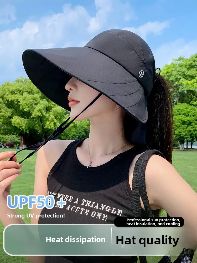 

2025 New Summer Women's Sun Hat oulder-length Open-top UV Protection Hair-tie Large Brim Hat Casual Sle Travel Cap
