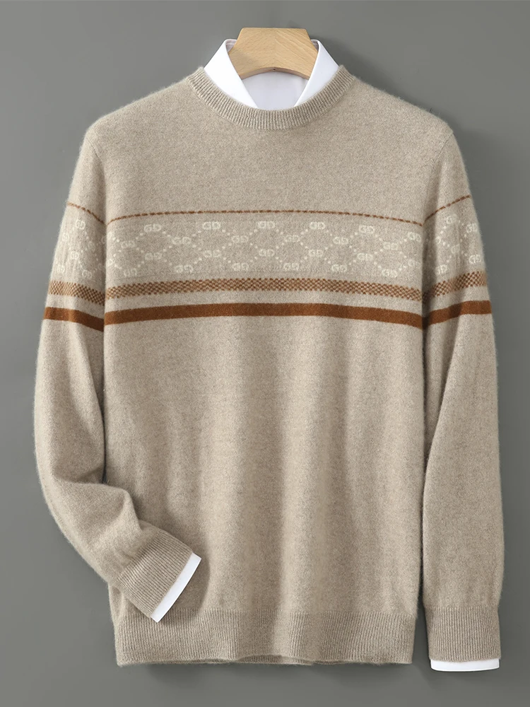 

New Men 100% Merino Wool Knitted O-neck Sweater Color Blocking Geometry Stripe Pullover Autumn Winter Cashmere Clothing