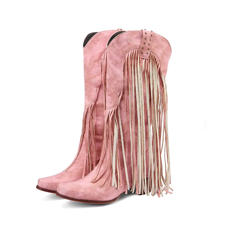 

Retro Western Tassels Fringe Cowboy Cowgirl Boots For Women 2023 Vintage Mid Calf Women Casual Shoes