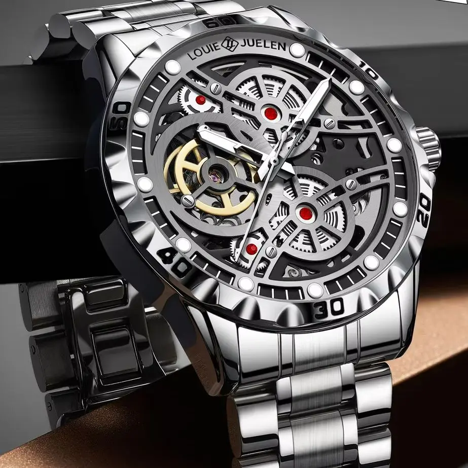 

Skeleton Automatic Mechanical Watch for Men Stainless Steel Visible Movement Luminous Dial Luxury Business Wristwatch Gift