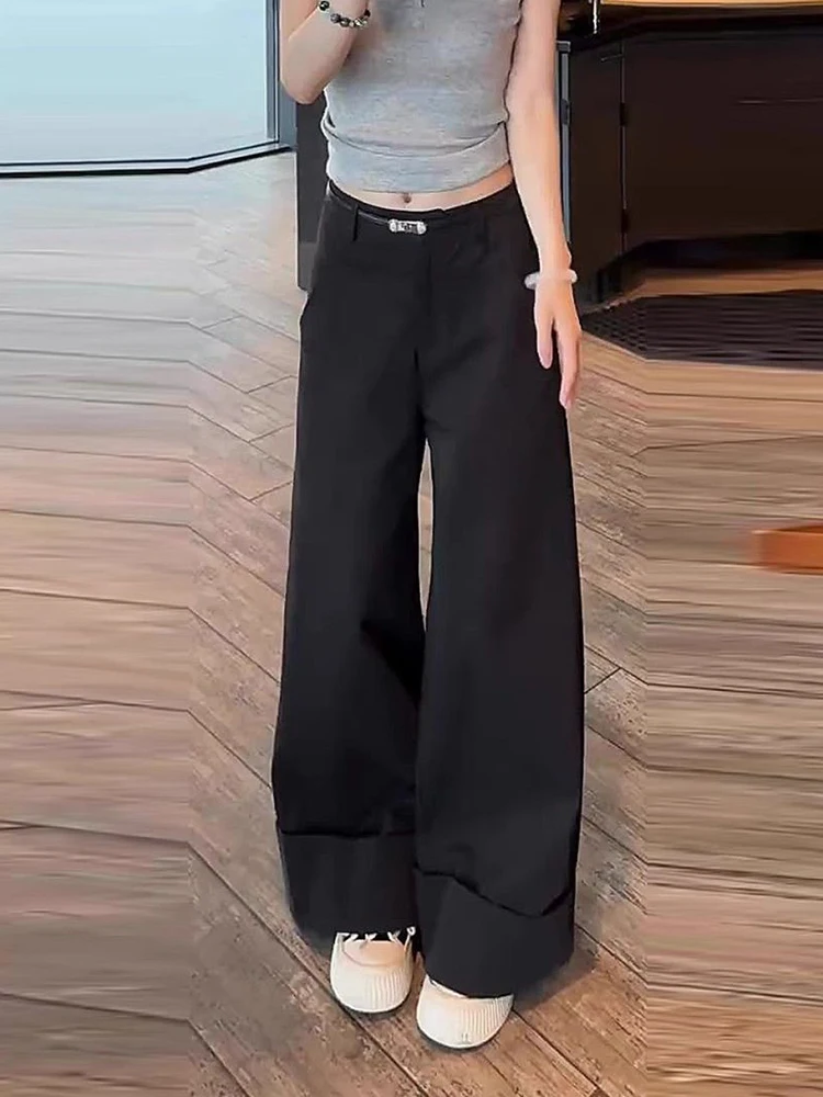 خمر بنطال ذو قصة أرجل واسعة النساء التلبيب حافة الصلبة فضفاض حزام غير رسمي عالية الخصر بنطلون Y2K الشارع الشهير Harajuku مكتب سيدة السراويل جديد