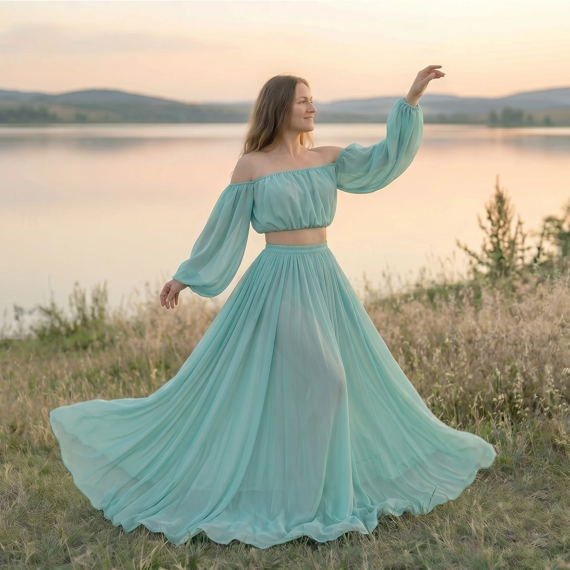 Don&Judy Solid Mint Green Two-Piece Dress with Off-the-Shoulder Puff Sleeve Top and Flowy Chiffon Skirt Maternity Photoshoot
