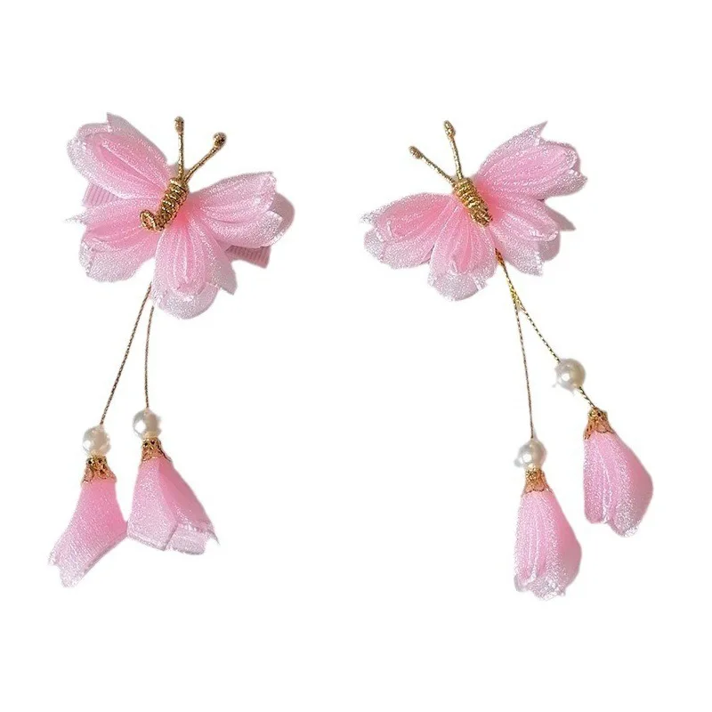 دبوس شعر للأطفال على شكل فراشة دبوس شعر شيفون لؤلؤي بتلات شرابة دبوس شعر للفتيات إكسسوارات شعر للفتيات #6