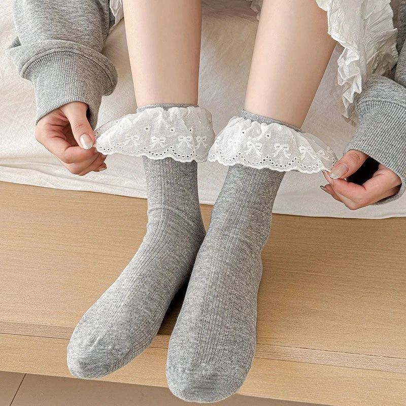 Lolita Lace Ruffle Socks Hollow Out Cotton Thin Breathable Solid Color Long Socks Women Sweet Girls Kawaii Cute Middle Tube Sock