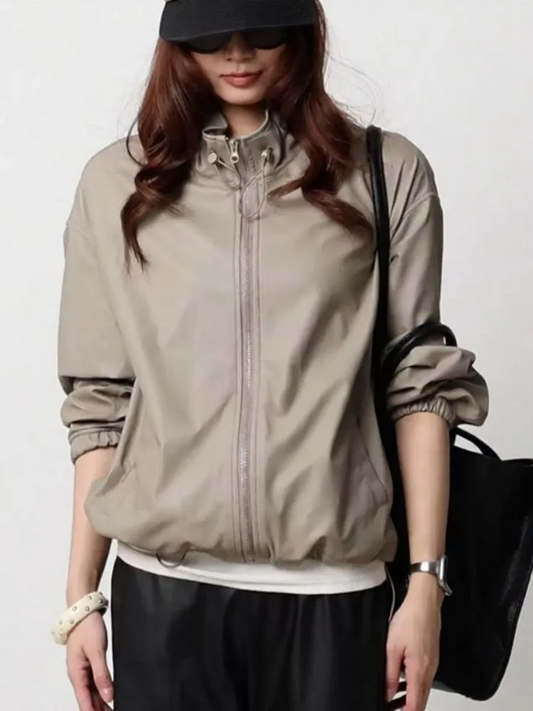 Autumn New Women Stand Collar 100% Natural Leather Bomber Jacket Top Quality Shepeskin Genuine Leather Jacket Adjustable Waist