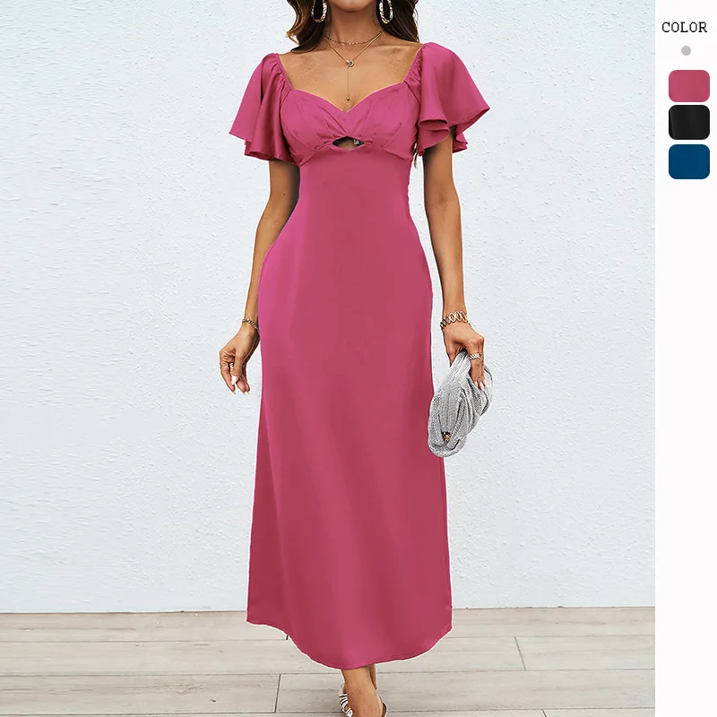 

HMR-Independent Station Summer New Women's Clothing Temperament Pure Color Peach Collar Temperament Short Sleeve Slim Long Dress