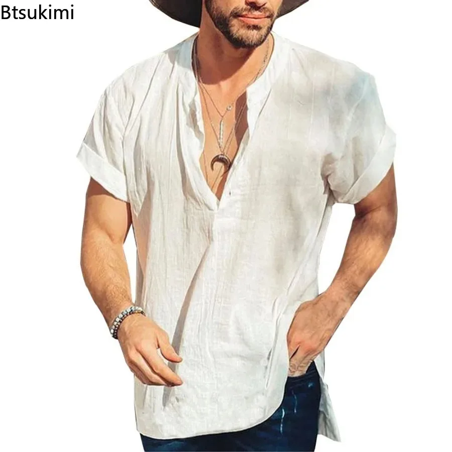 Camicie di lino in cotone semplice tinta unita estiva da uomo nuove Tendenza colletto alla coreana Pullover casual allentato Top Camicette per le vacanze quotidiane da uomo