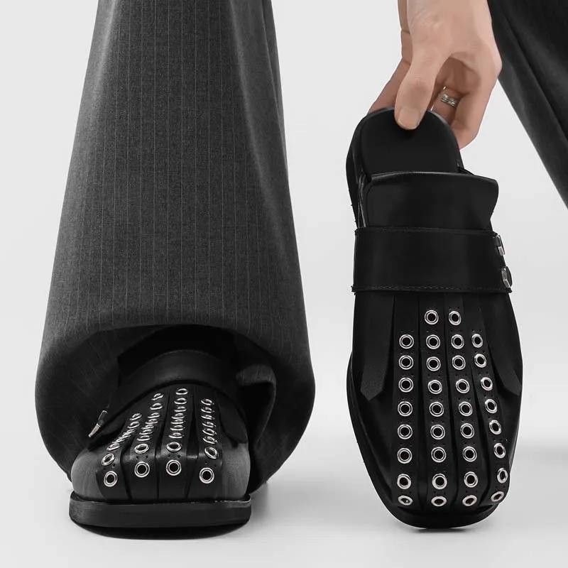 

Men's Black Leather Mules with Metal Rivets Square Toe Slip-On Casual Shoes Punk Style Summer Breathable Half Slippers 2026