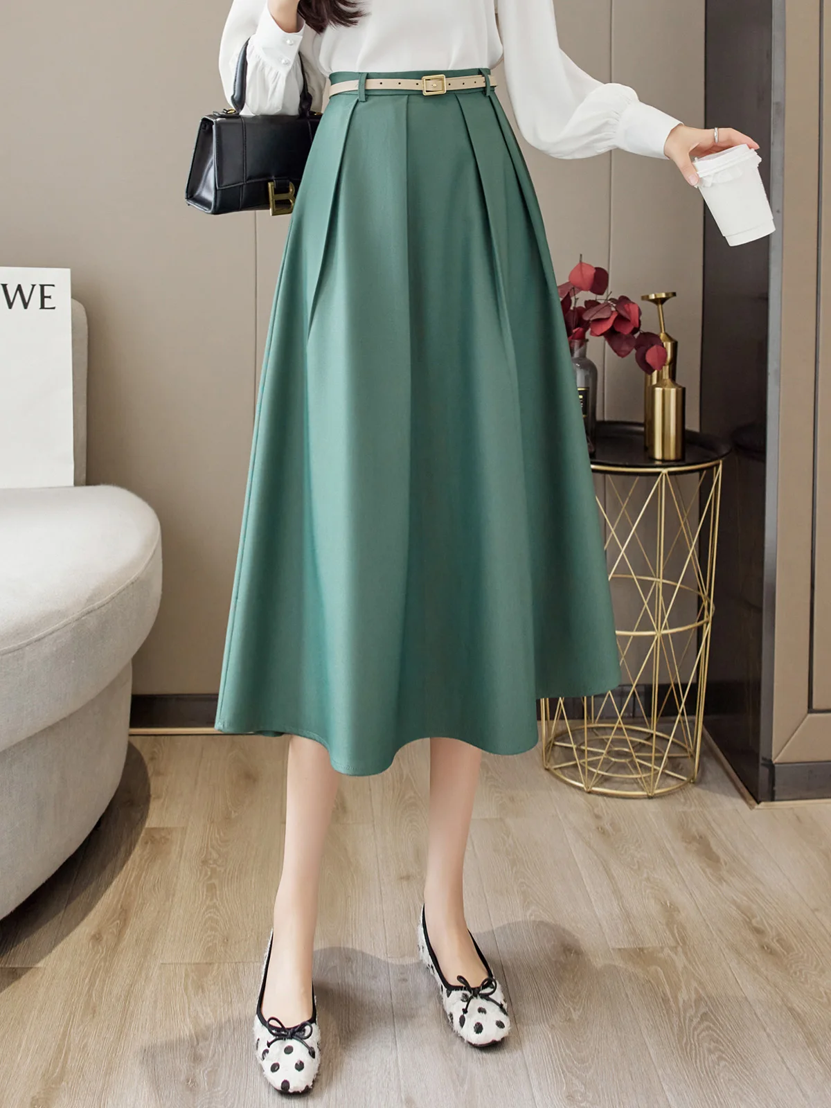 

Croysier Women Clothing 2023 Office Elegant Midi Skirt With Belt Vintage A Line Skirts High Waist Side Pockets Big Swing Skirt