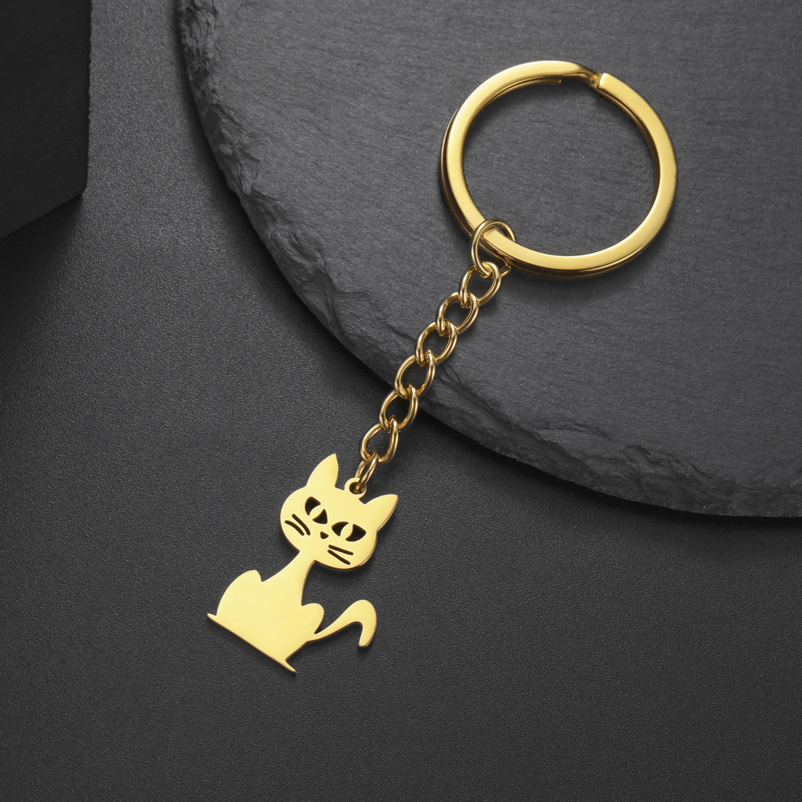 Lucktune Witch Cat Keychain for Women Stainless Steel Trendy Kitten Animal Charms Bag Car Amulet Keyring Jewelry Birthday Gifts