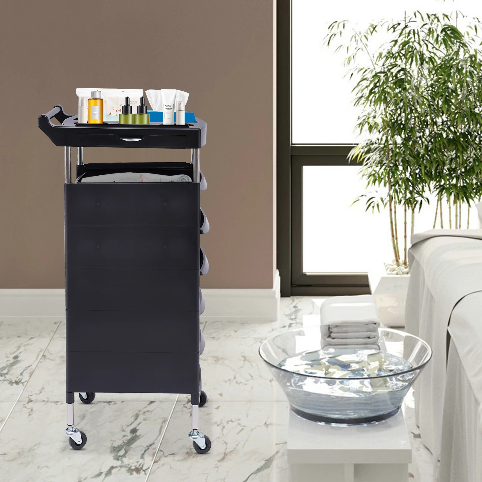 Salon Rolling Trolley with Wheels, 5 Drawers, 2 Side Tattoo Tray, Multifunctional Tool Storage Cart Supporting Hair Dryer Holder