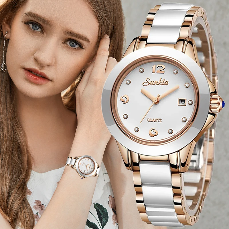 

LIGE бренд SUNKTA модные повседневные женские часы керамический простой браслет кварцевые женские часы дата водонепроницаемые женские наручные часы