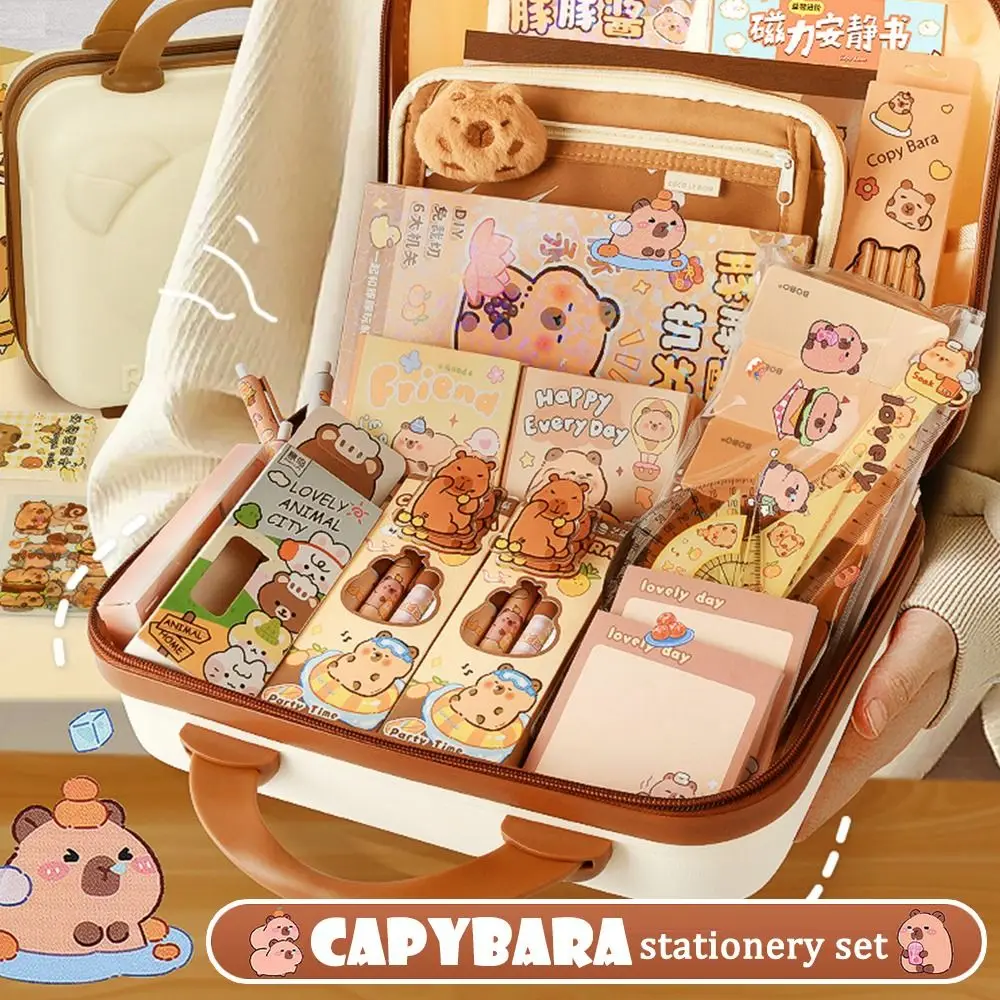 Kawaii Capybara Stationery Set Cute Ruler, Pencil, Pen Case Back-to-School Supplies Notebook, Stickers Pencil Sharpener