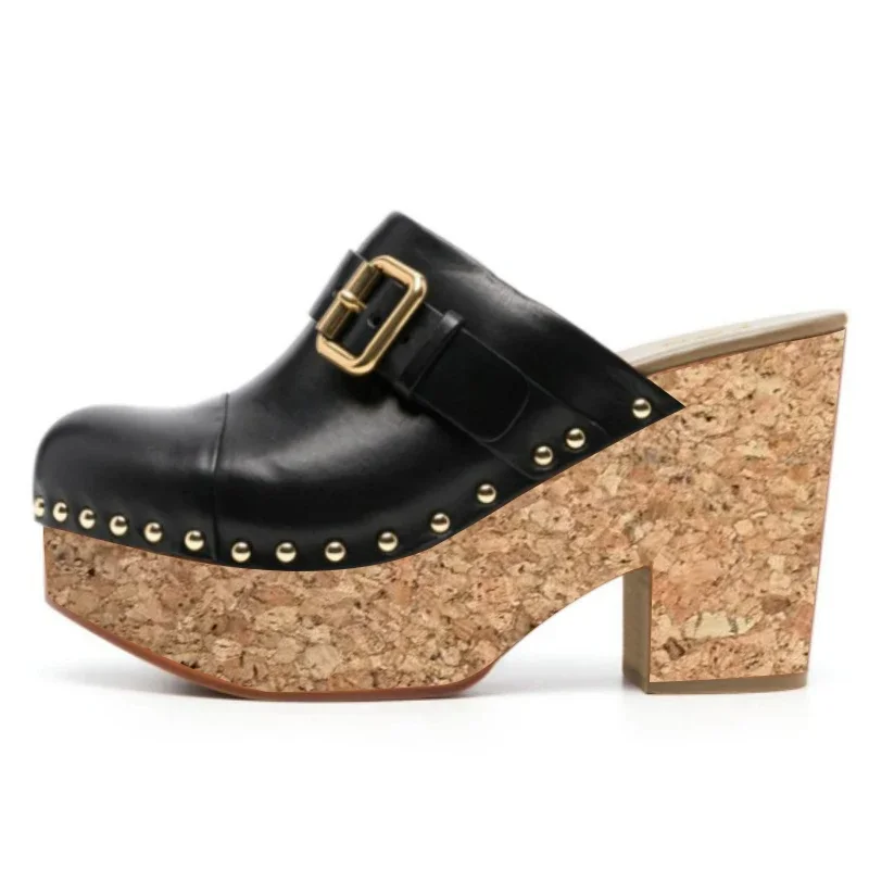 DIZHUANG Fashionable women's high-heeled slippers. 10-12cm heel height. Black leather slippers. Closed toe slippers. SIZE:34-46