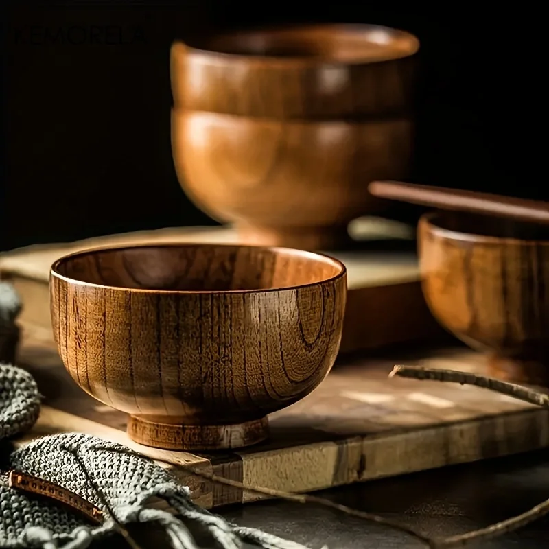 1PCS Natural Wooden Rice Bowl Household Salad Ice Cream Fruit Wooden Bowl Kitchen Food Storage Tableware