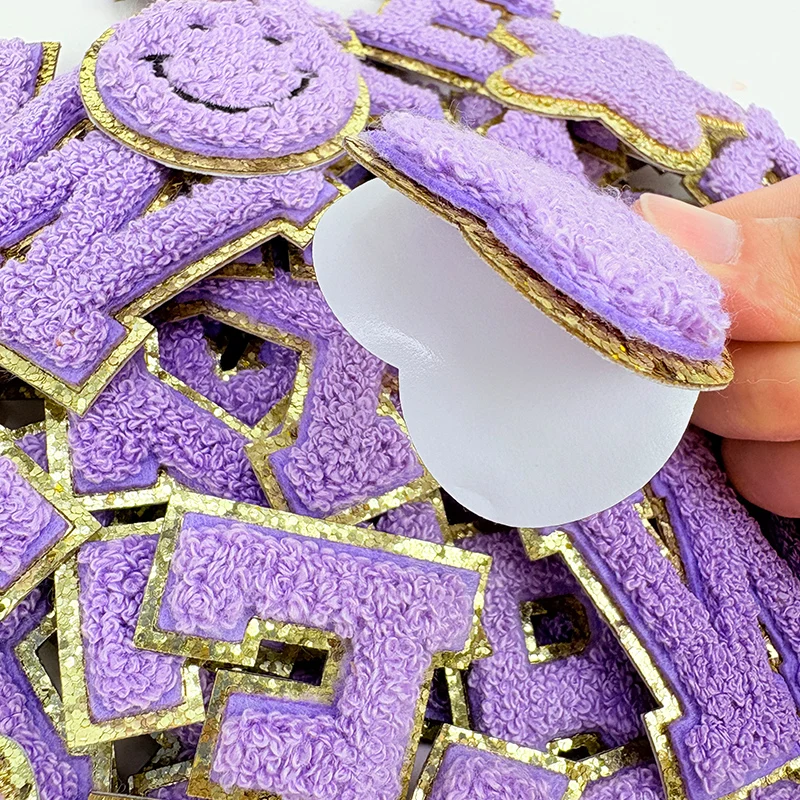 Purple Letters Sticker Patch Alphabet Towel Embroidered Chenille Patches for Clothing Bags Jacket Stick on Accessories Applique