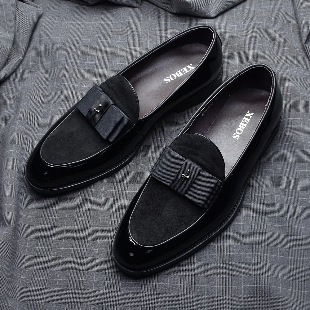 Black Red Luxury Genuine Patent Leather Men's Dress Loafer Shoes with Bowtie Wedding Party Banquet Slip-On Man Formal Shoes