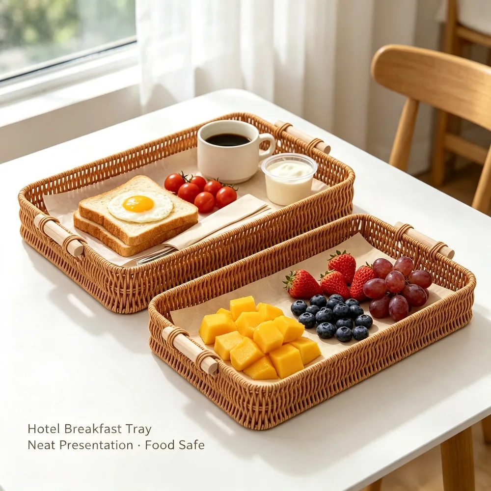 Hand-woven Rattan Serving Tray with Wooden Handles Decorative Organizer for Coffee Kitchen Table Restaurant Cafe Storage Baskets view 6