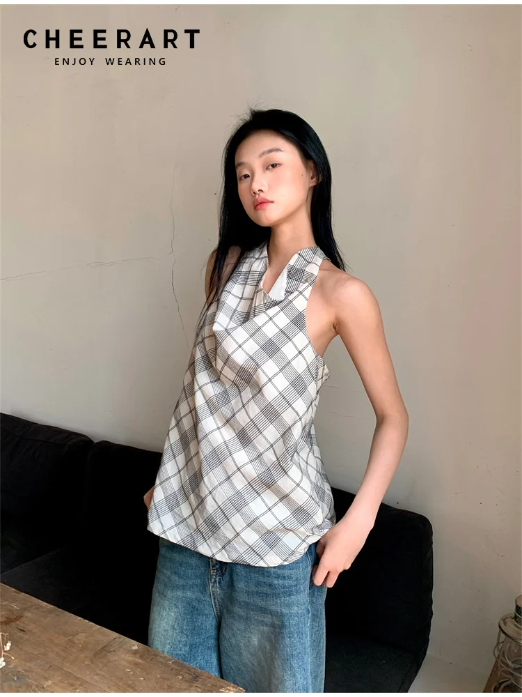 

CHEERART Plaid Sleeveless Cowls Halter Top Summer Clothes Women 2024 Designer Fashion Top Aesthetic Clothes