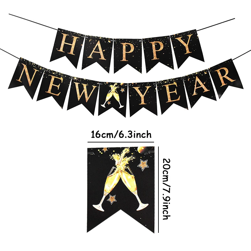1 مجموعة 2025 سنة جديدة سعيدة معلقة الدوامات الديكور بريق الذهب الأسود راية ليلة رأس السنة لوازم الحفلات سنة جديدة سعيدة ديكور #3