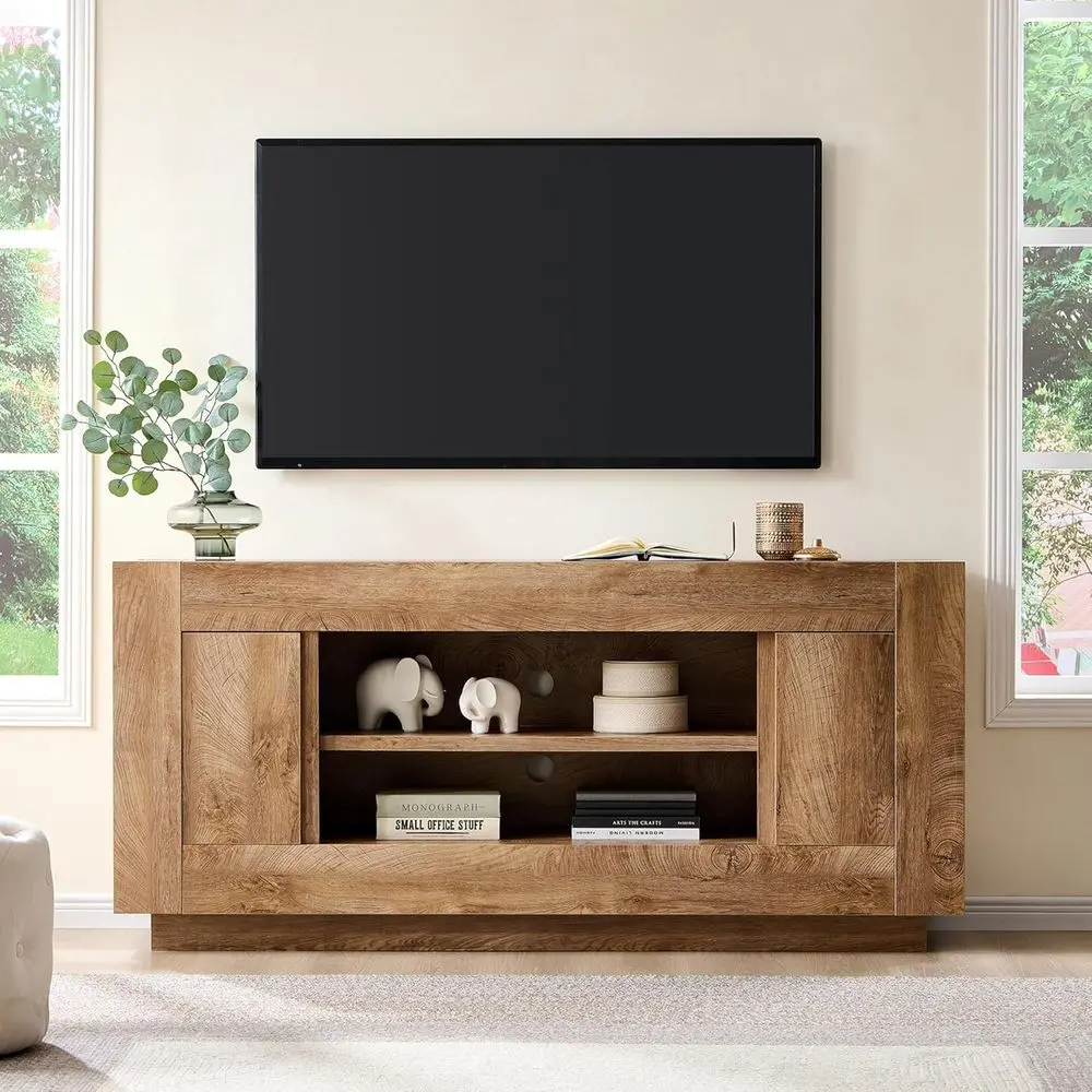 

Элегантная тумба под телевизор 70-80 дюймов с открытыми отсеками для медиа и боковыми шкафчиками, массив дерева, для гостиной, отделка светлый дуб с узелками