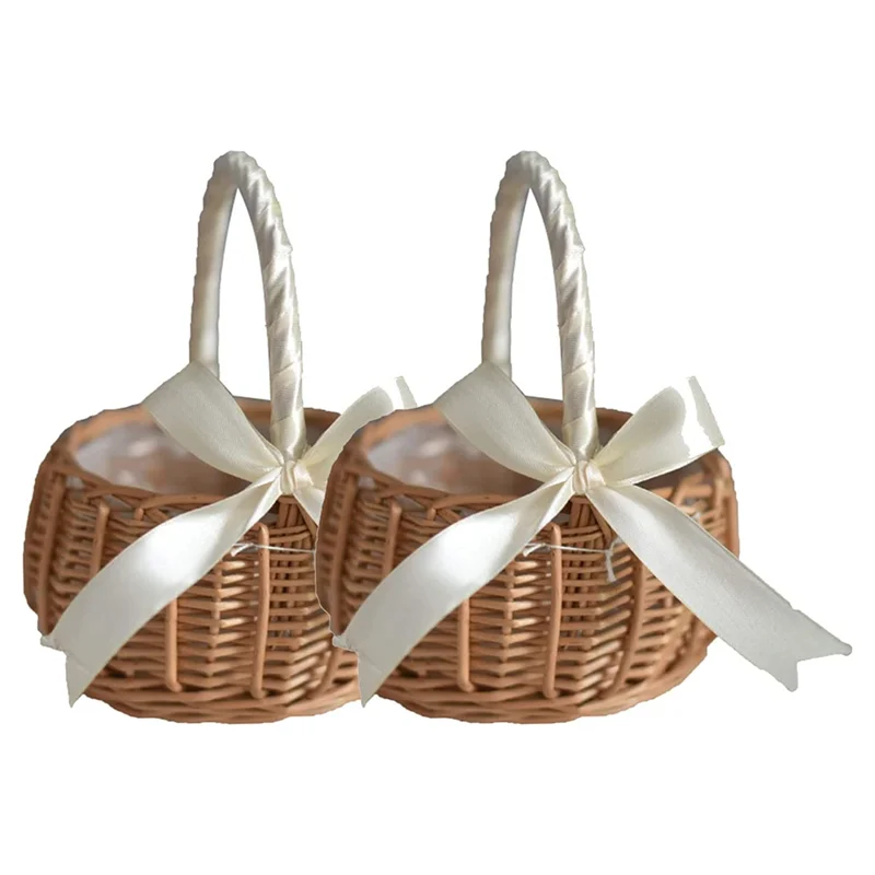 

A26F-2Pcs Woven Flower Basket Rattan Storage Basket Flower Girl Hand Basket Handmade Flower Basket With Bow