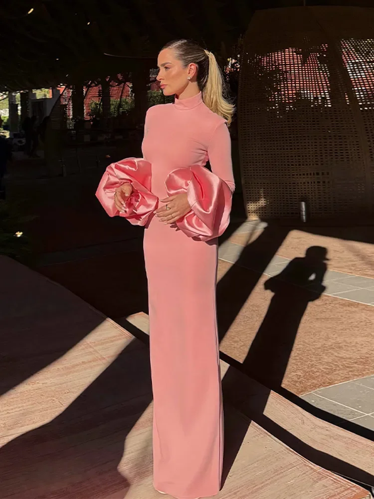 الحلو الوردي نحيل فساتين ماكسي النساء 3D الزهور طويلة الأكمام نصف الياقة العالية عالية الخصر سبليت رداء جديد حزب ثوب مسائي #3