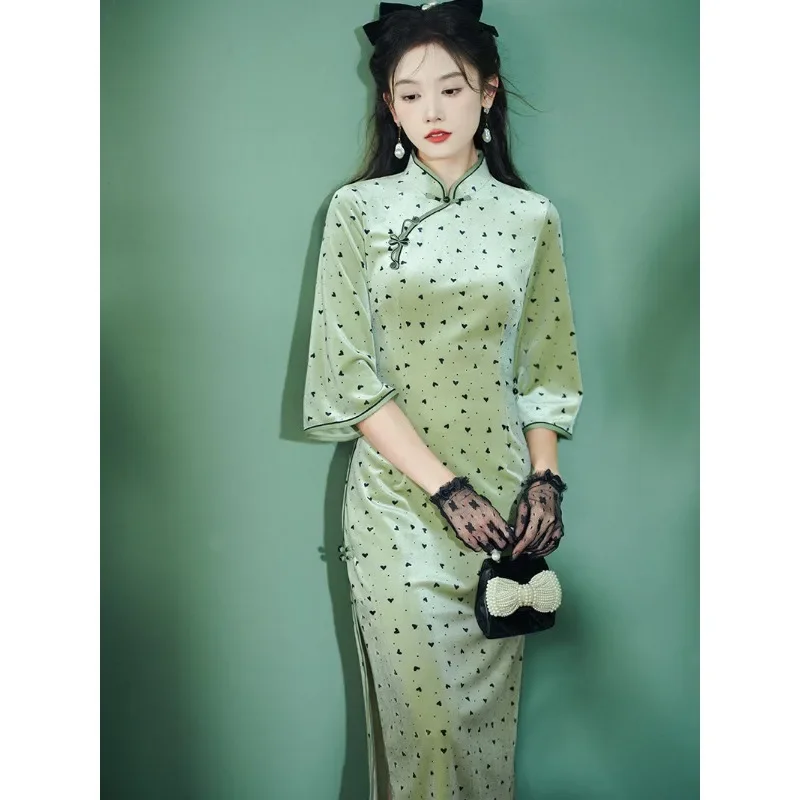 Summer Traditional Chinese Women Clothing Green Mid Sleeved Black Love Cheongsam Slim Improved Modern Qipao Vestidos Mujer