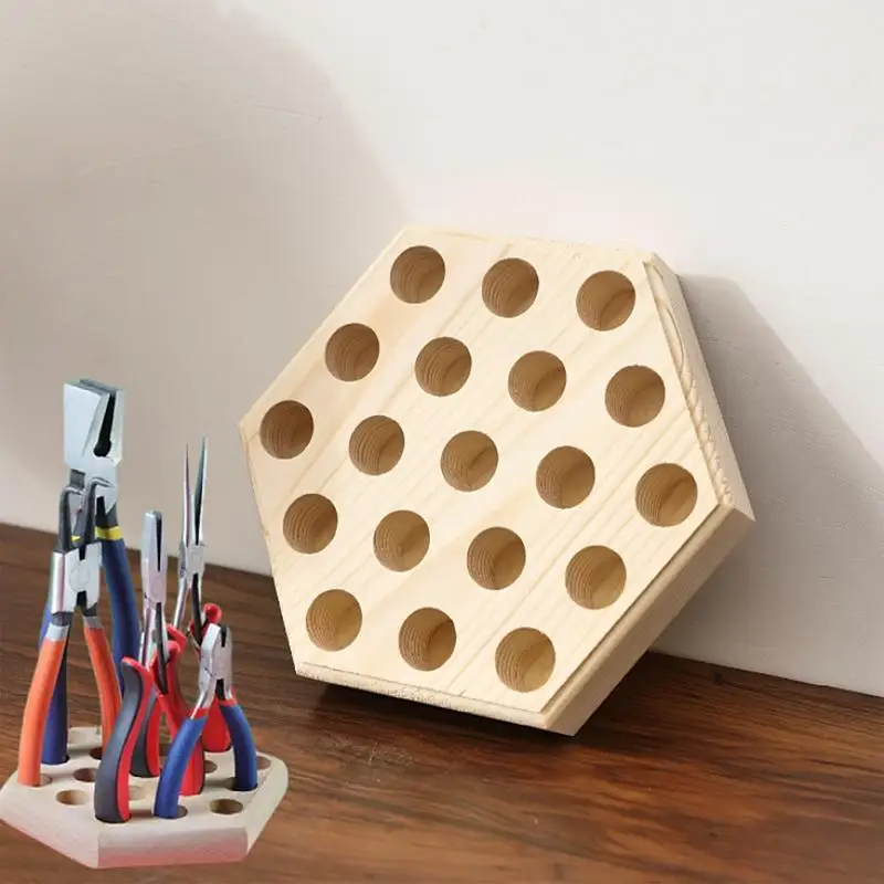Pliers Holder Pliers Stand Hexagon Wood Plate 19-Hole Space Saving Display Stand for Tabletop Workshop Studio Indoor Use
