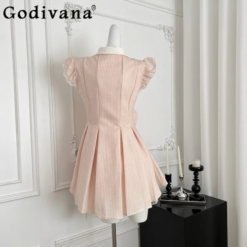 Summer Japanese Sweet Cute Dress Women Large Bow Pink Striped Lolita Dress Female Lapel Flutter Sleeve Single Breasted Dress