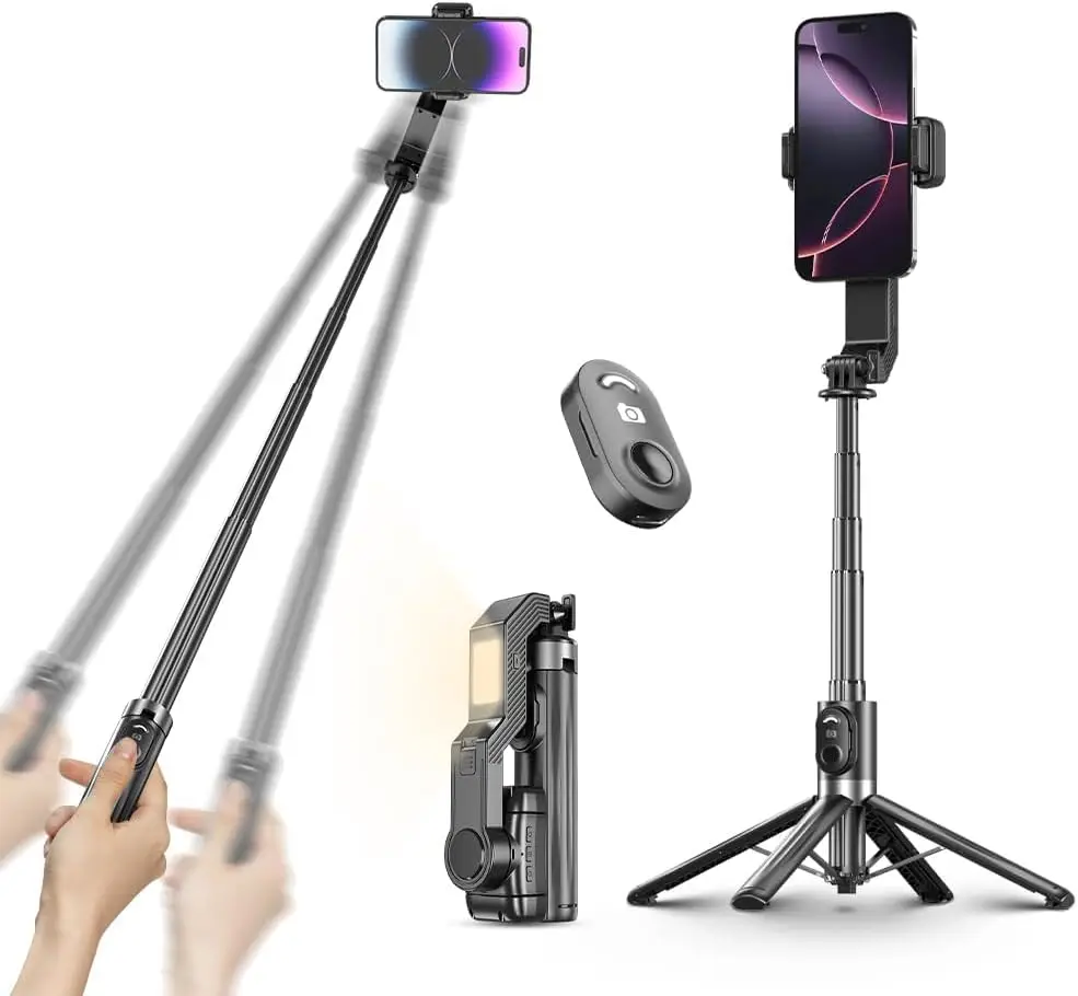 

Single Axis Selfie Stick Gimbal Stabilizer with Light Tripod, 360° Rotation & Remote Control for iPhone/Android Vlogging