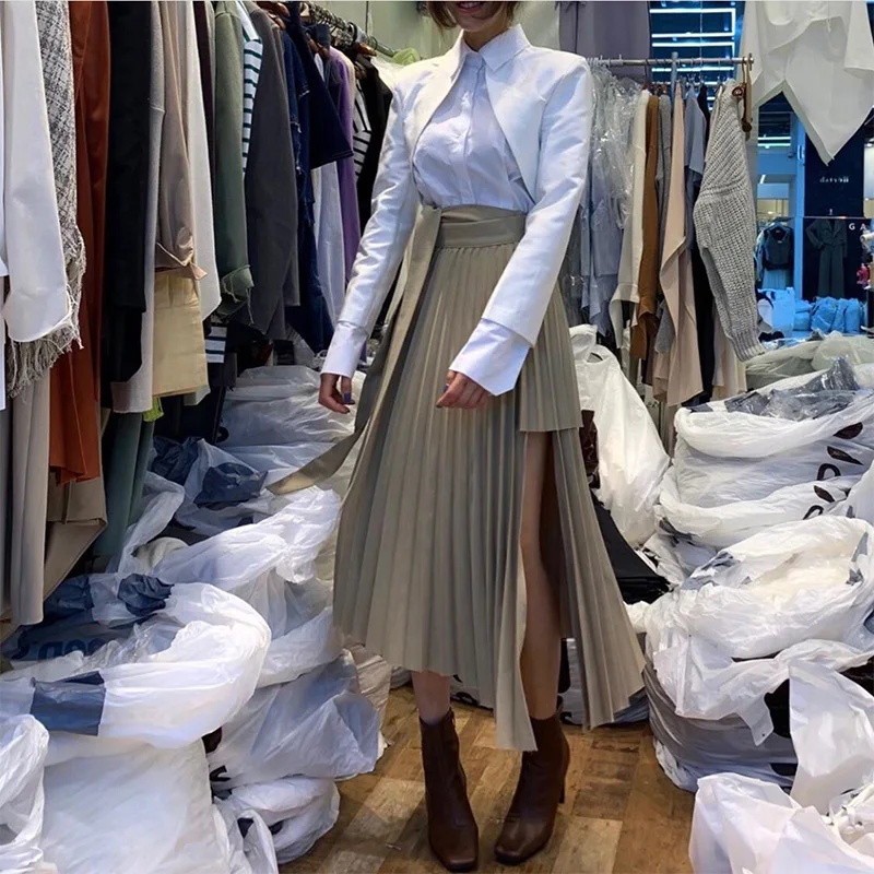 

Spring 2022 Irregular Sashes Mid Calf Women Pleated Skirt Khaki Pleated Skirt Vintage High Waist Casual Skirts Female Faldas New