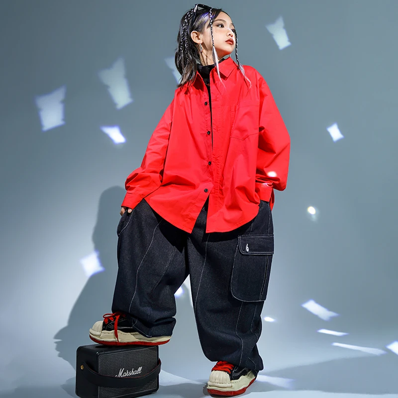 Kids Hip Hop Clothing Red Jacket Coat Casual Street Strap Cargo Pants for Girl Boy Jazz Dance Costume Teenage Kpop Clothes