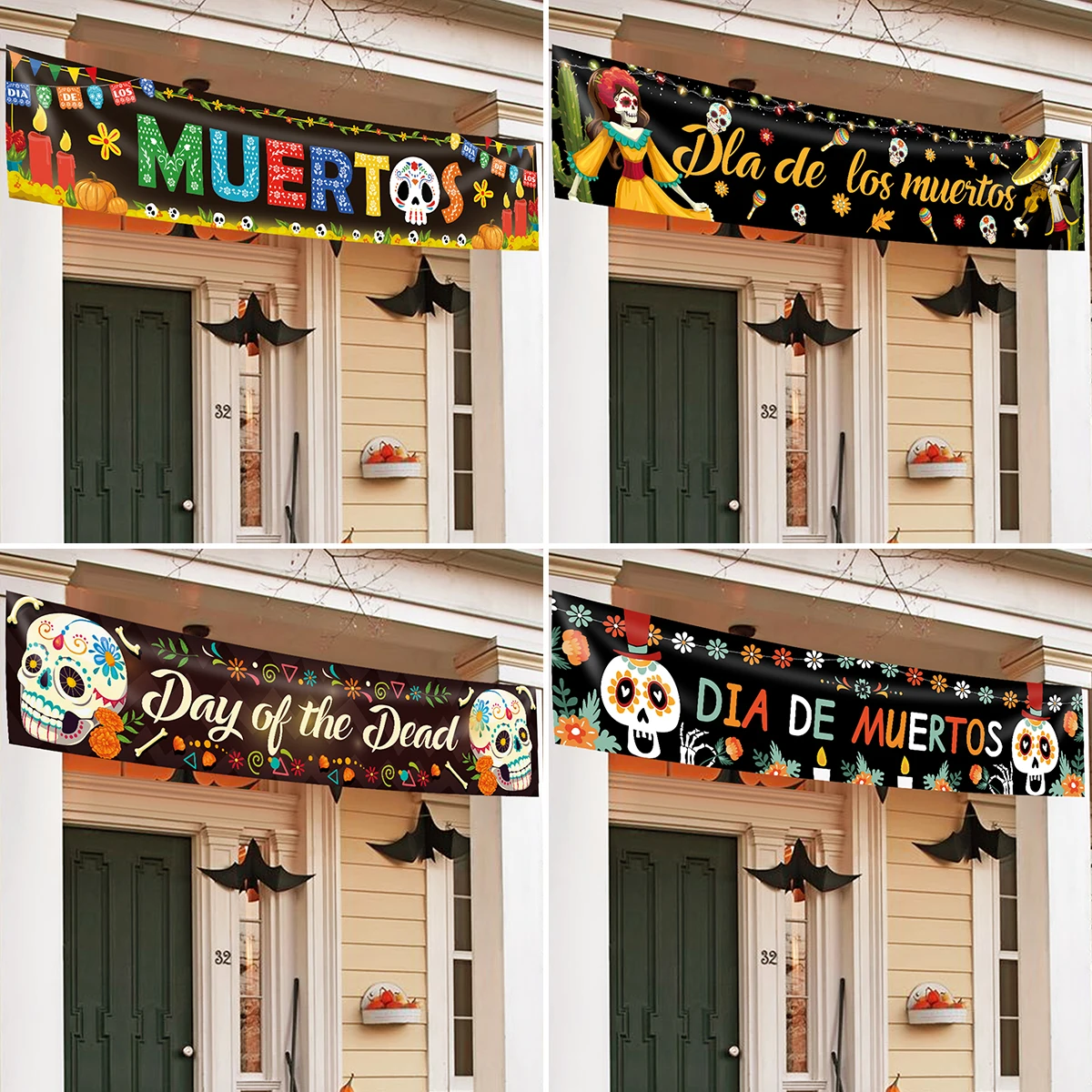 Dia de Muertos Day for the Dead party background decoration layout hanging cloth skull banner 1 set 1 piece.