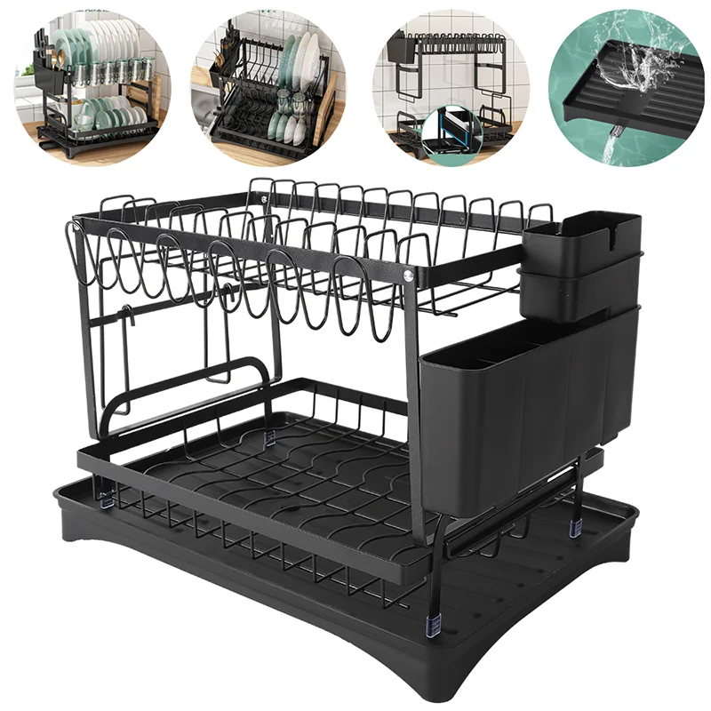 2tier Dish Drying Rack Kitchen Plates Organizer Drainer Rack Countertop Cutlery Storage Holder Kitchen Accessories