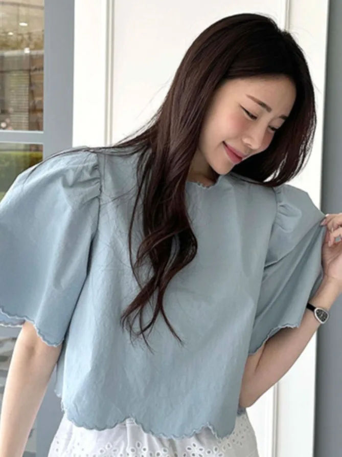 

Sweet Youthful Embroidered Ruffle Hem irt Women's Summer New Sle Vaion Loose Fit Casual ort Sve Top