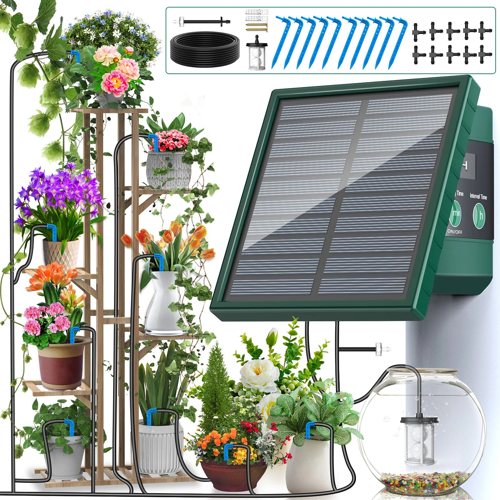 Solarbetriebenes Tropfbewässerungssystem mit 300 Bewässerungsprogrammen, automatisches Bewässerungssystem-Set mit 10 m Schlauch und 10 Tropfspitzen usw., geeignet für Garten/Balkon/Gewächshaus/Topfpflanzen/Gemüse