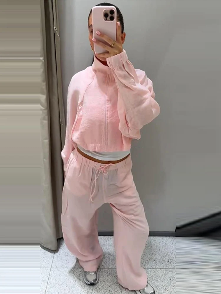 Damen-Hosenanzug 2-teilig mit Stehkragen, Laternenärmeln, Kurzmantel und Weiten Hosen, Modische Streetwear für Damen, Neu – Detail 6