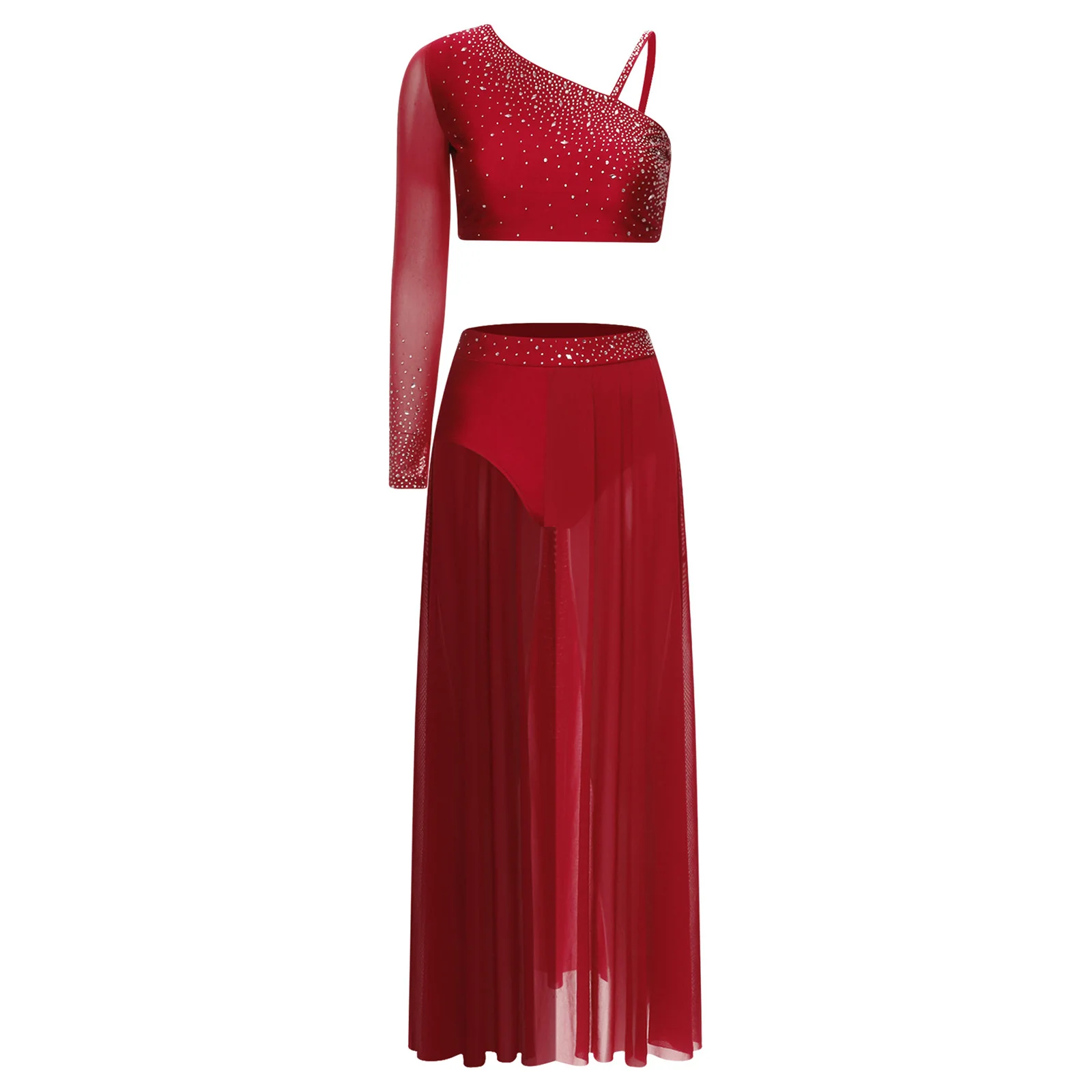 レディースモダンリリカルダンスシャイニーラインストーン衣装ワンロングスリーブストラップバッククロップトップイレギュラーヘムスカートラテンダンス用