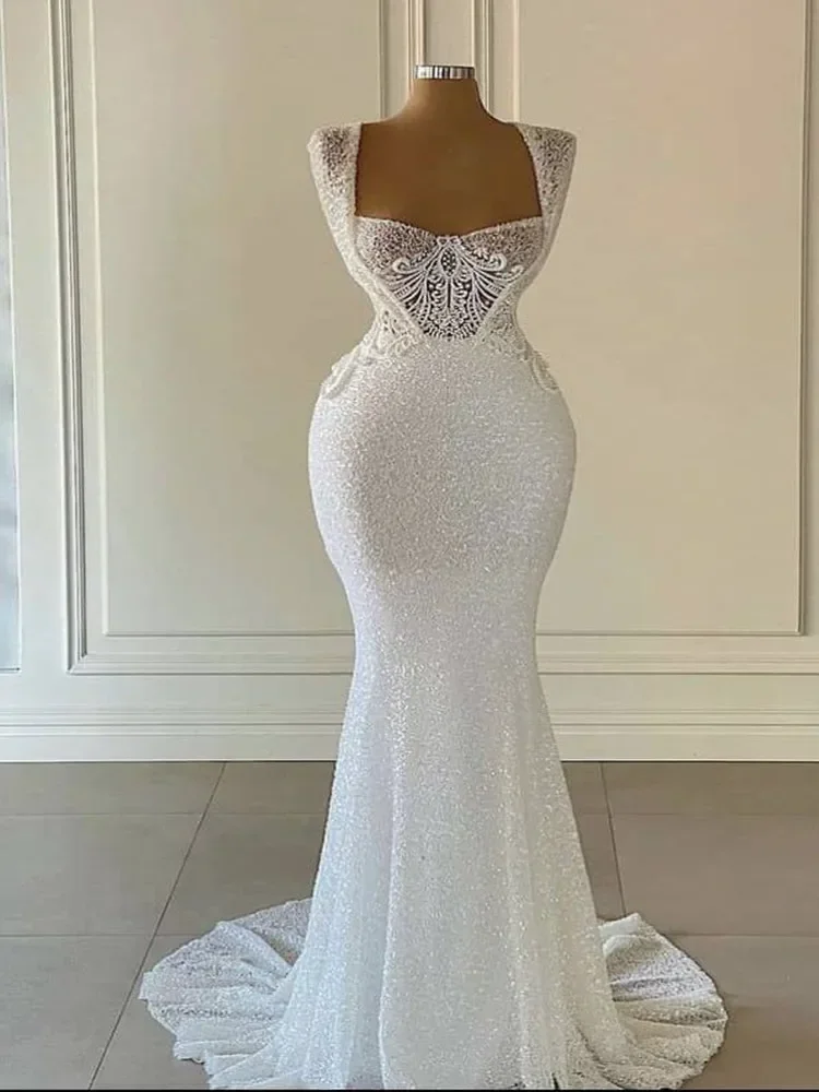 Customized Sexy Square Neck Shinny Heavy Bead Sequins Mermaid Wedding Dress Sweep Train Vestido De Casamento Cap Sleeves B