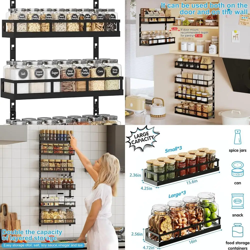 

Регулируемый настенный органайзер для специй со смешанными размерами корзины для кухонной кладовой, черный