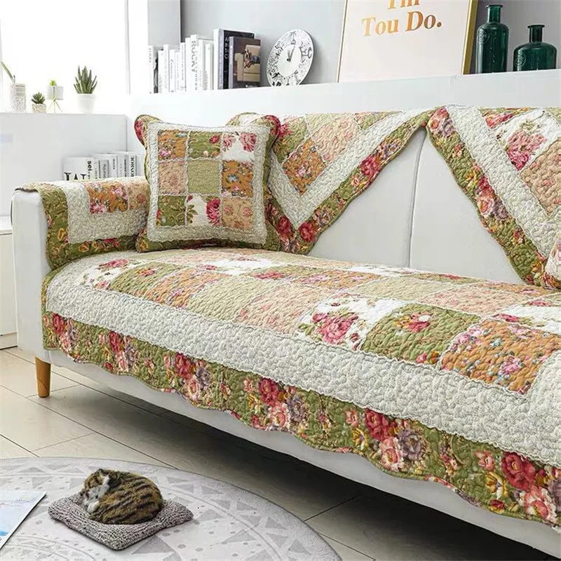 Floral Pattern Quilted Sofa Cover Pad, Cotton Mat Cushion, Non-slip Patchwork, Sofa Armrest Back Towel, L-shaped Sofa Carpet Rug