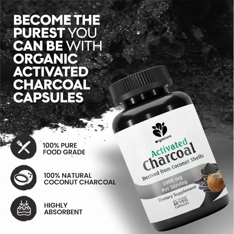 

Activated carbon 500mg, 60 capsules, a dietary supplement for daily healthy living, natural cleansing and digestive support