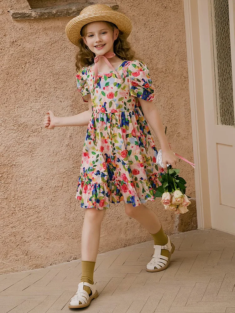 Baby Girls Puff Short Sleeve Summer Dresses 100% Cotton Small Floral Printed 3yrs 14T Kids Cute Wear 170cm Child Kawaii Dress