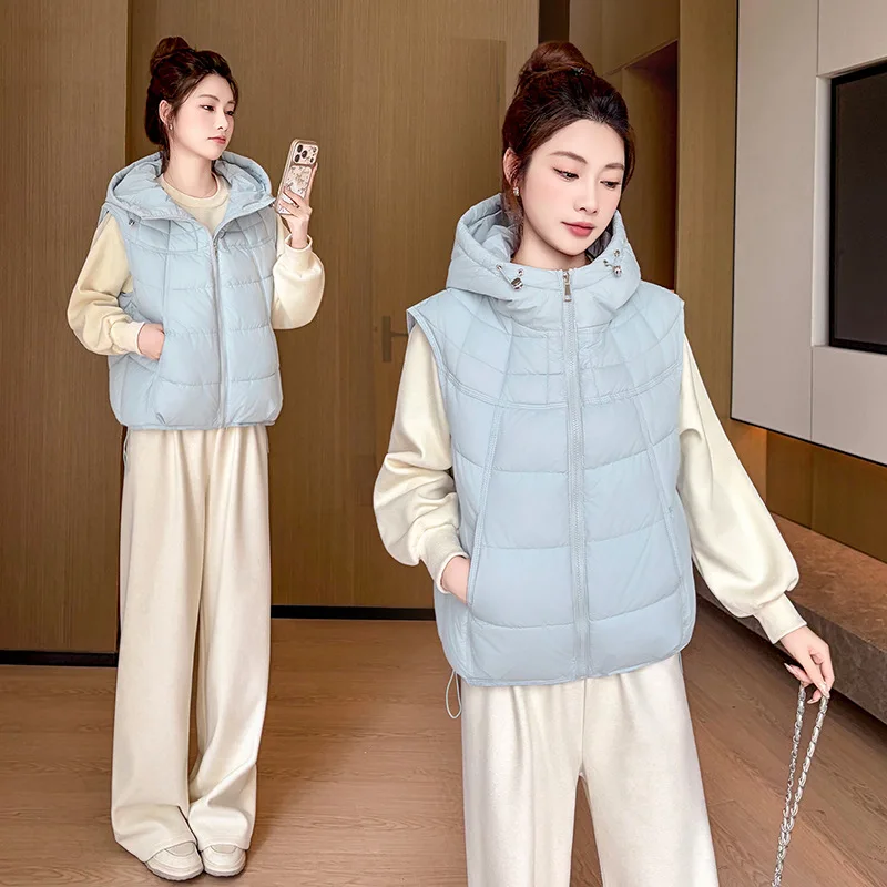 Autumn Winter Women Vest Jackets Solid Hooded Loose Puffer Quilted Padded Windproof Warm Pockets Warm Layering Outerwear Trend